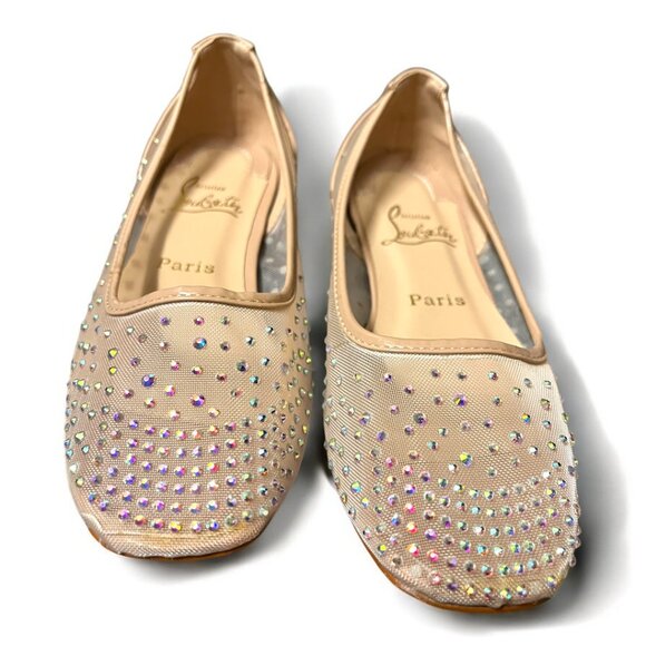 Beige Crystal Embellished Mesh Follis Strass Ballerina Flats - Picture 1 of 12